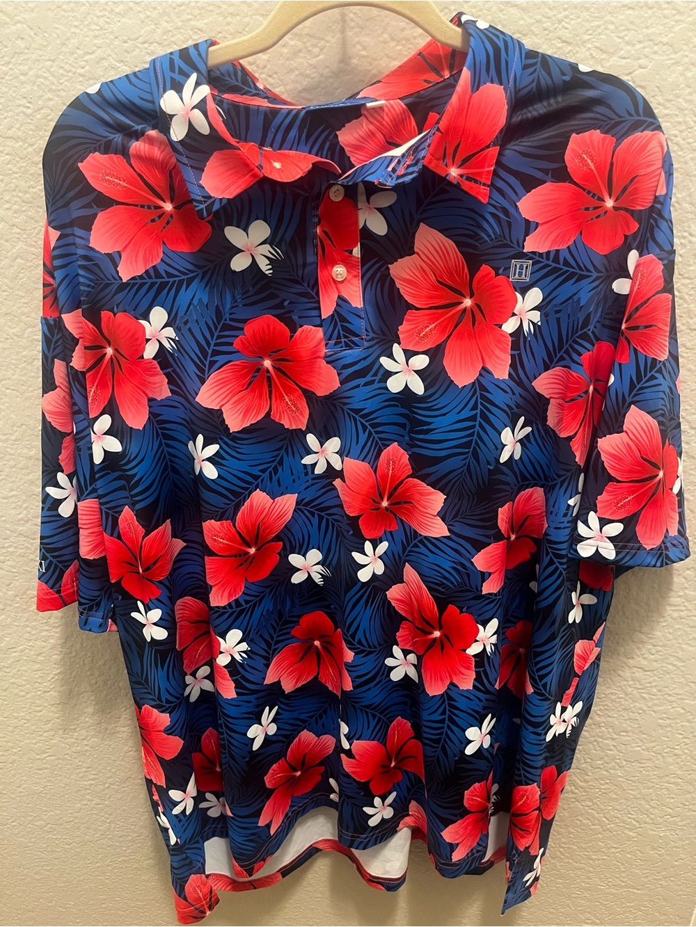 Hreski Golf Polo Shirt Mens XXXL 3XL Floral Hawaiian Blue Pink Short Sleeve
